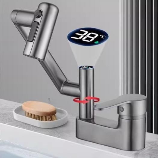 Washbasin Faucet Bathroom Multi-functional Mechanical Arm Cold and Hot Water Tap Digital Display Household Universal Rotation