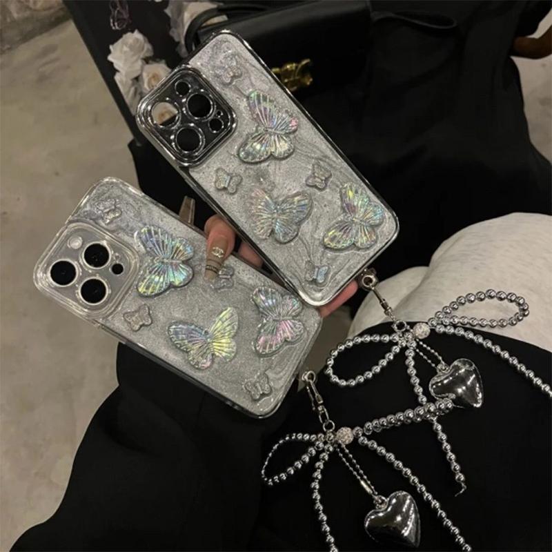 Ins Style Bowknot Beaded Phone Pendant Love Buckle Key Chain Silver Heart Headphone Case Charm Bag Decor Car Key Ring