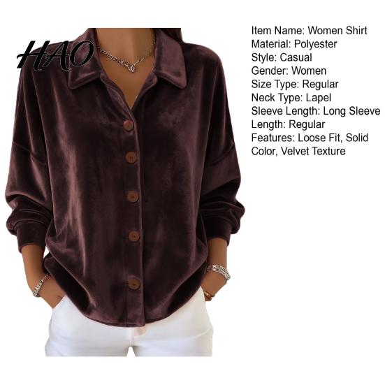 Breathable Women Blouse Shirt Lapel Long Sleeve Velvet Texture Solid Color Tops Loose Fit Buttons Placket Commuter Work Wear Everyday Top