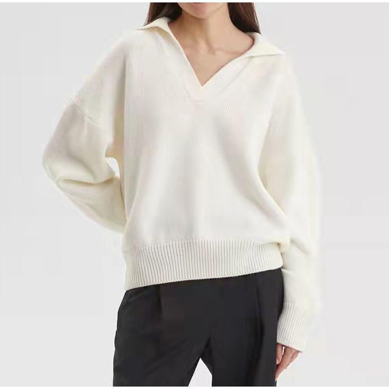 Women Autumn Polo Neck Long Sleeve Solid Color Long Sleeve Casual Knitted Sweater