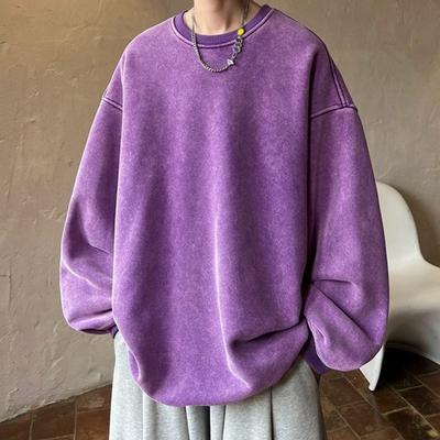 Men Fall Winter Sweatshirt O Neck Vintage Loose Solid Color Warm Pullover Mid Length Streetwear Casual Pullover Thick Warm Men Spring Top