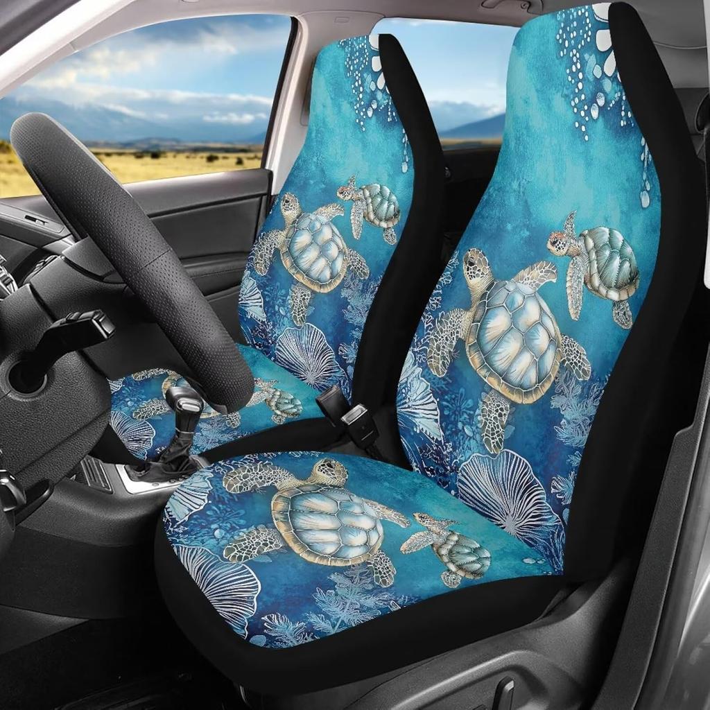 Bulopur Multicolor Polyester Universal Fit Car Truck SUV Van Automotive Seat Covers, 2pcs Front, Hibiscus Floral & Sea Turtle Print