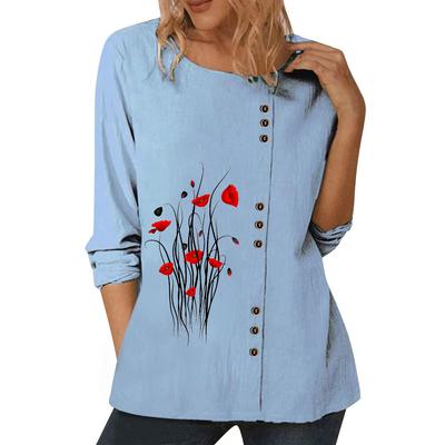 Feminine Blue Cotton Top for Ladies with Floral Design, Long Sleeves, and Button Decoration