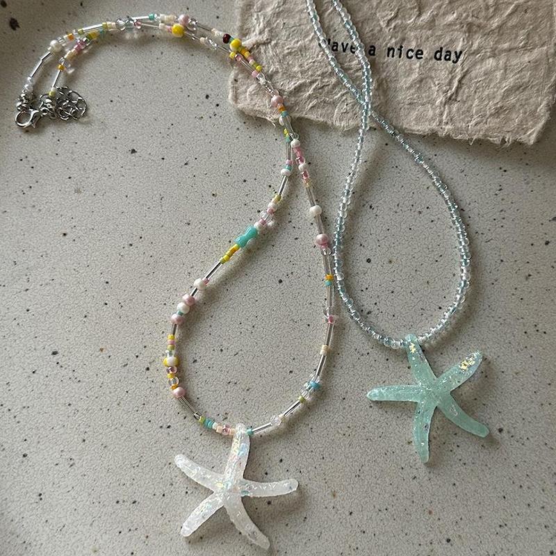 Trend Starfish Pendant Necklace Shiny Resin Bead Choker Clavicle Chain Sweet Necklace For Women Girls Summer Vacation Jewelry
