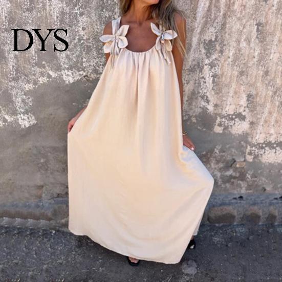 Three-dimensional Flower Design Dress Women 3D Rose Decor Shoulder Strap Sleeveless Pleated Slip Summer Long Loose Solid Color Backless Maxi for Beach