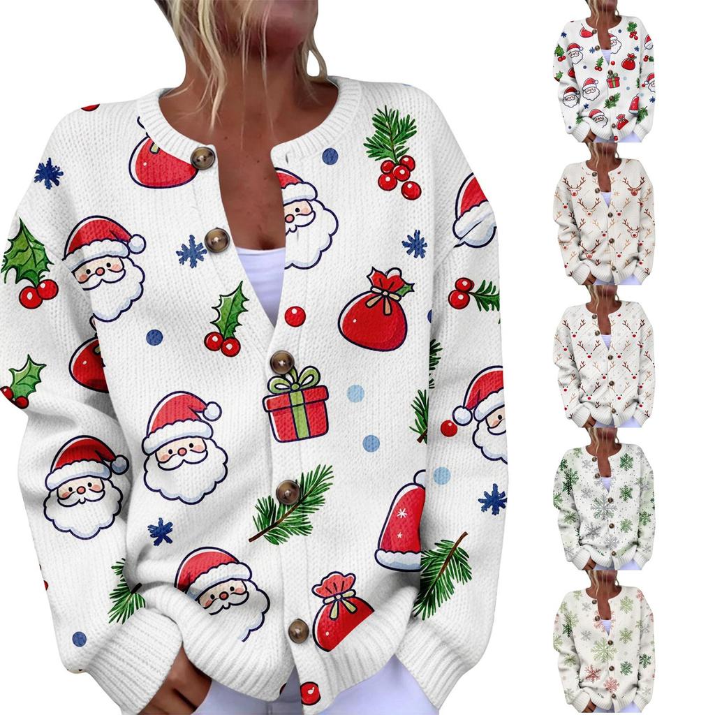 Women's Christmas Print Cardigan Long Sleeve Button Down Knit Outerwear for Holiday Party