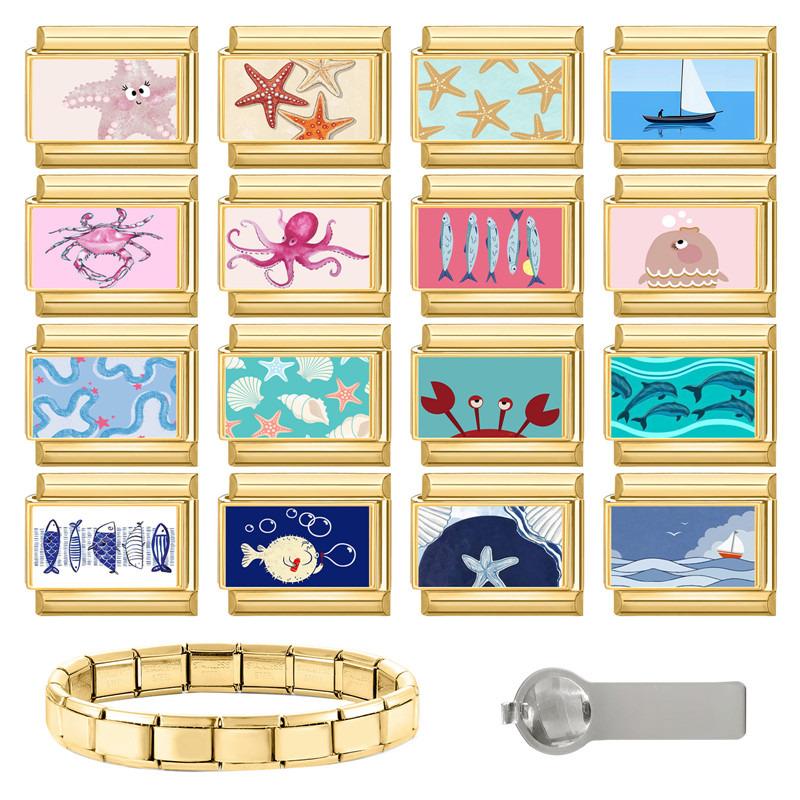 New Sea Series Starfish Shell Crab Conch Golden Italian Charm Links Fit 9mm Stainless Steel Bracelet DIY Making Christmas Gift