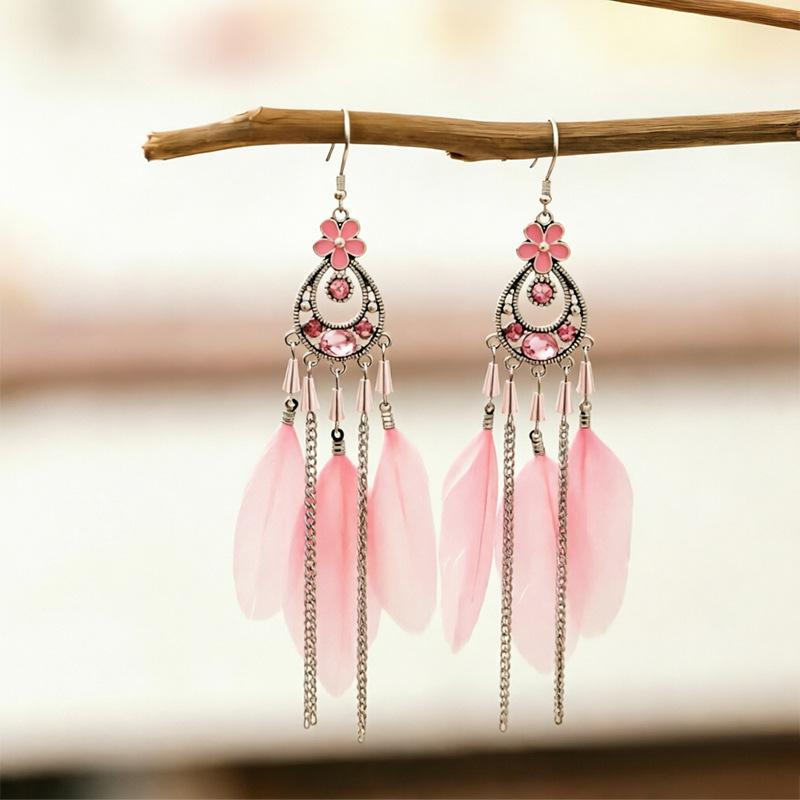 1 Pair Ethnic Colorful Natural Feather Earrings For Women Retro Long Rhinestone Crystal Leaf Dangle Earrings Boho Vacation Jewel