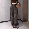Women's High Waist Leopard Print Denim Jeans - Plus Velvet, Slimming Wide-Leg, Floor-Length for Autumn/Winter
