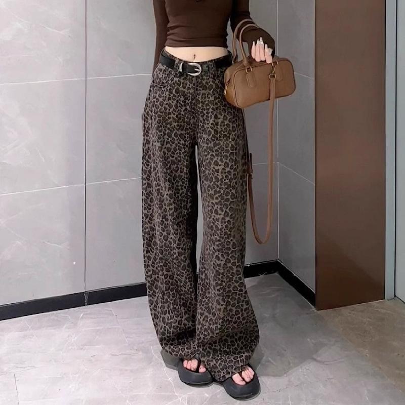Women's High Waist Leopard Print Denim Jeans - Plus Velvet, Slimming Wide-Leg, Floor-Length for Autumn/Winter