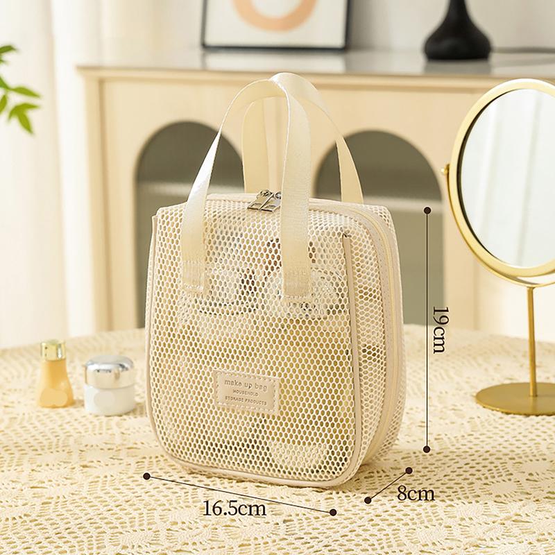 Portable Solid Color Mesh Cosmetic Bag Lightweight Space Saving Zipper Bags Large Capacity Travel Toiletry Storage Handbag