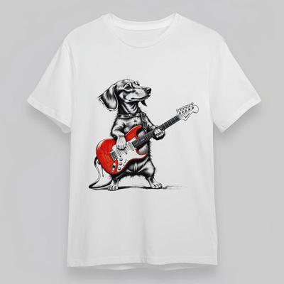 Camiseta Clássica Oversize Macia para Todas as Estações Dachshund Banda de Rock Estampa