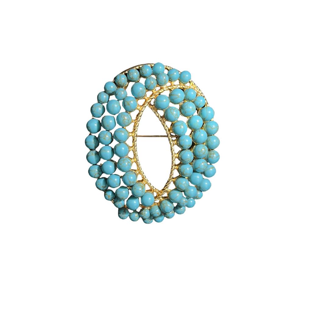 Vintage Turquoise Inlaid Brooch and Earrings Set - Elegant Retro Design
