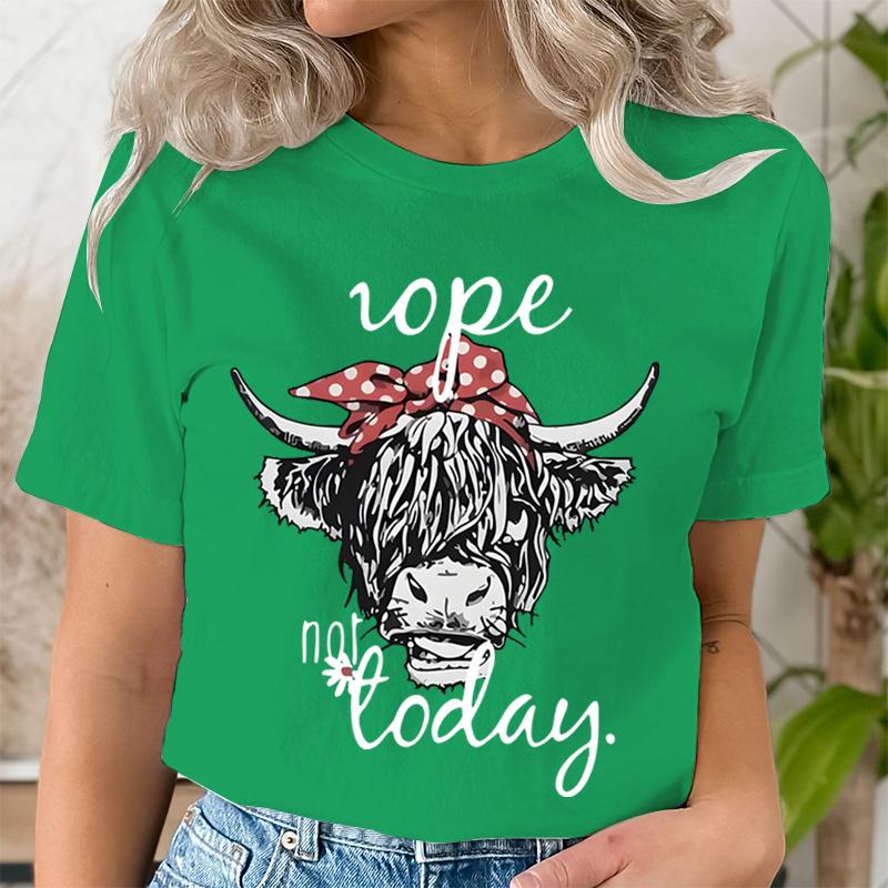 Women Funny T Shirts Cute Hairy Scottish Highland Cow TShirt Round Neck Casual Tops Women Cow Head  Letter Print Short Tshirt
