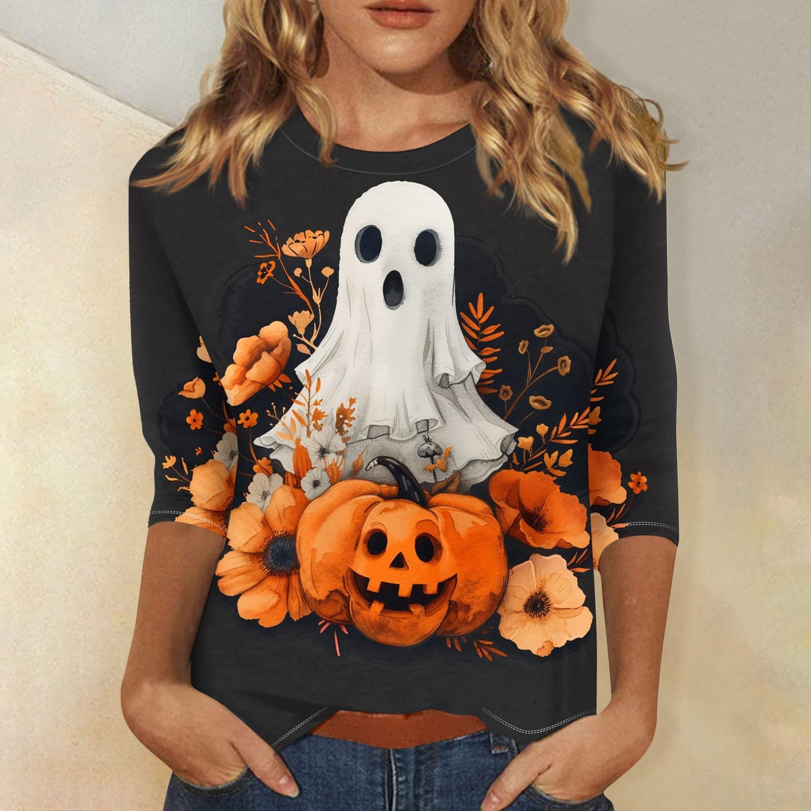 

Женская модная повседневная футболка с рукавом три четверти и принтом на Хэллоуин, с круглым вырезом XXXL чёрный