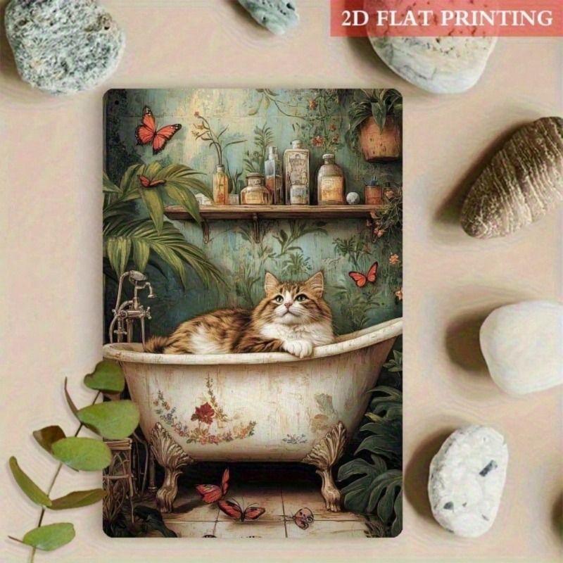 Planetjuice Vintage Floral Bathtub Kitten Poster Retro Ginger Tabby Cat Wall Art for Bathroom