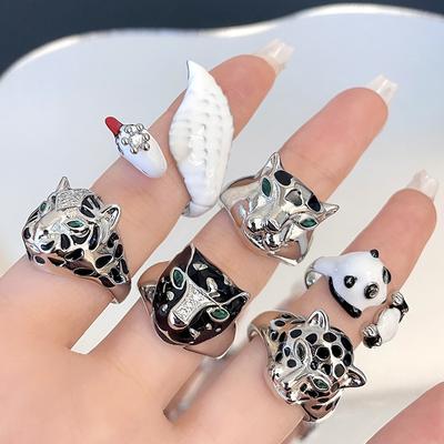 Tiger Panda Swan Open Ring Niche Design Cold Wind Jewelry Enamel Dripping Oil Index Finger Ring