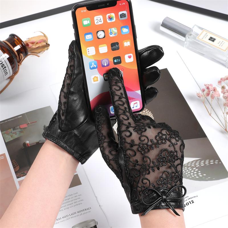 Guanti in Pelle di Pecora con Pizzo da Donna, Protezione Solare Estiva, Fiocco Carino, Touchscreen, Stile Coreano, per Guidare e Andare a Cavallo
