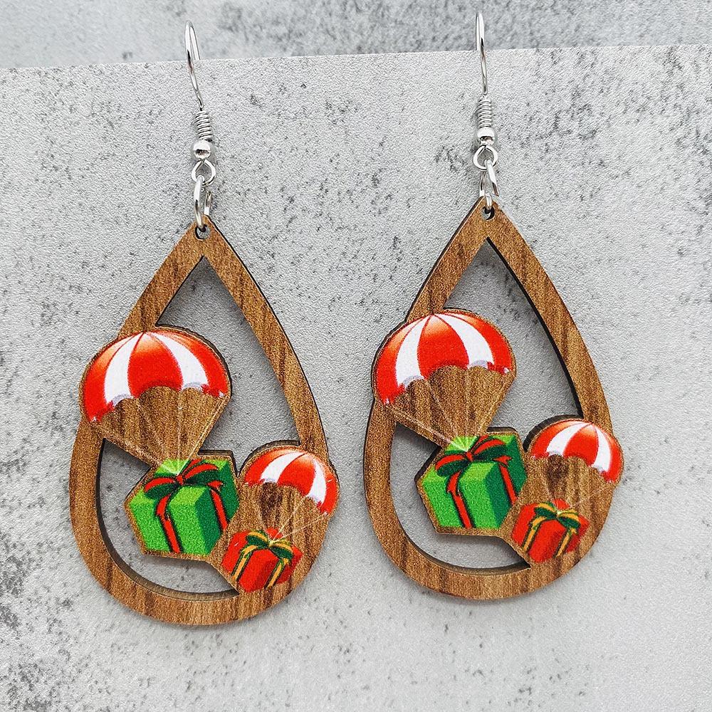 1 Pair of Christmas Holiday Ornaments Santa Bells Red Car Drops Wooden Earrings Christmas Ornaments