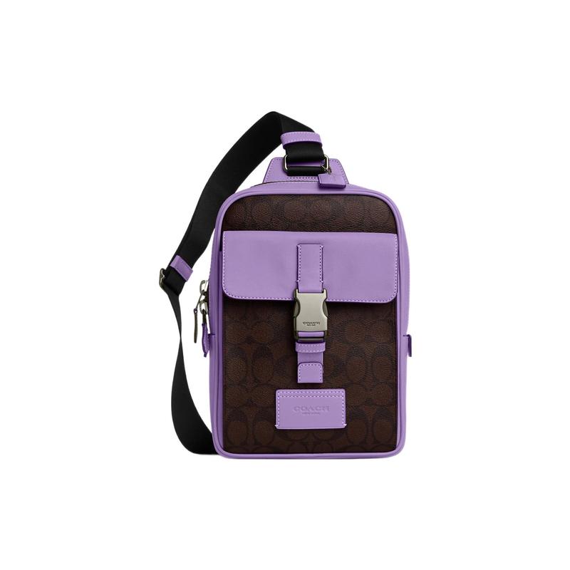

COACH Track 18 lock logo zipper closure classic print coated canvas and smooth calfskin shoulder bag chest bag men s purple and brown коричневий