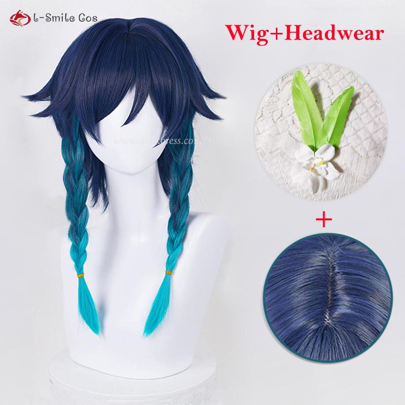New Venti Cosplay Wig Barbatos Venti 42cm Short Blue Gradient Heat Resistant Synthetic Hair Party Wigs + Wig Cap