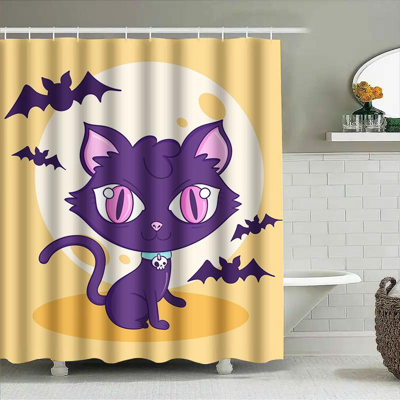 

1Pccute Cartoon Cat Shower Curtain Halloween Bat Bathroom Decor For Kids Baby Girls Room 150Cm W60H190(CM)-1 Pcs