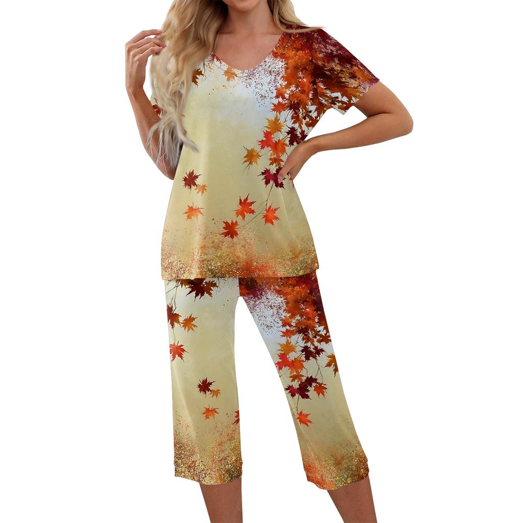Women's 2 Piece Tracksuit Set Leaf Print Short Sleeve Top and Pants Casual Sportswear