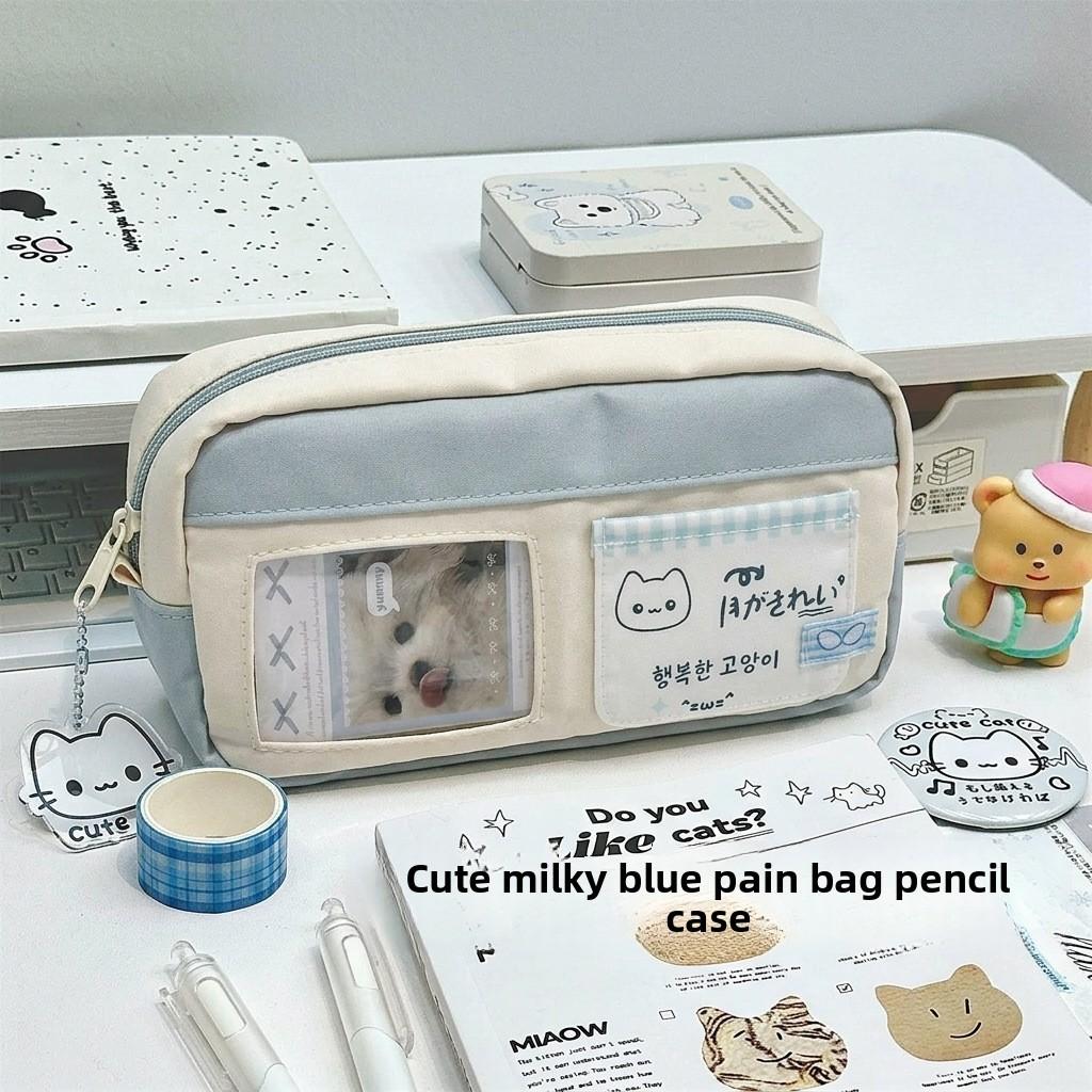 Blue White Cat Pencil Case With Canvas Material For Students And Office Use