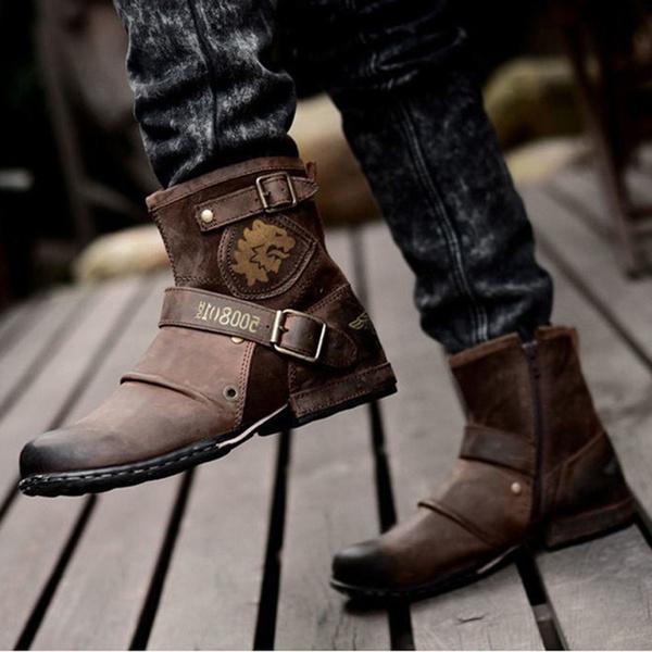 Men Vintage Breathable Big Size Leather Ankle Boots Outdoor Casual Motorcycle Work Hiking Fashion Booties for All Seasons