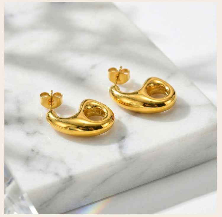 waterproof Stainless Steel Geometric Hollow Out Stud Earrings, Modern Minimalist Gold Plated Earrings for Women