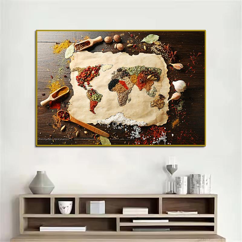 Spices Map Canvas Painting Grains Spoon Peppers Wall Art Kitchen Poster Print Decorative Picture For Dining Room Home Decor Unframed
