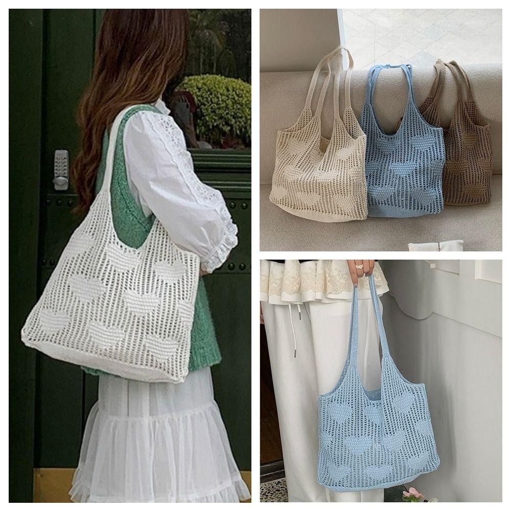 Bohemian Style Knitted Shoulder Bag Hollow Out Reusable Grocery Bag Woven Shopping Bag  Summer
