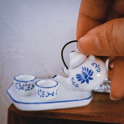 1Set 1:12 Dollhouse Miniature Ceramic Tea Set Combination Teapot Tea Cup Tea Tray Model Decor Toy Doll House Accessories