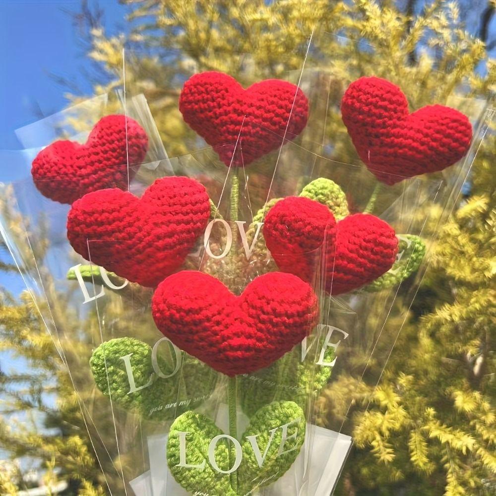 Party Supplies Handmade Crochet Heart Bouquet Knitting Wool Love Crochet Flower Bouquet DIY Artificial Flower Valentine's Day