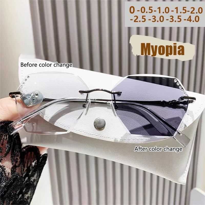 Photo-Sensitive Color-Changing Frameless Edge-Cutting Point-Drilled Anti-Blue-Light Large-Frame Near-Sighted Glasses 3318