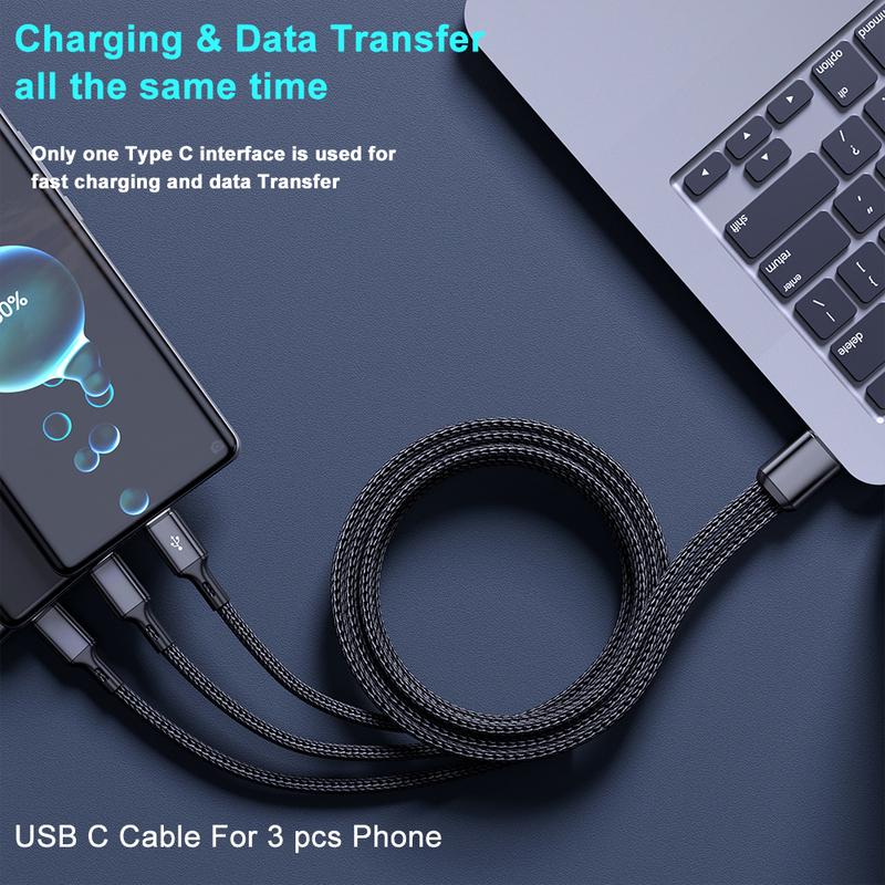 100W 3 in 1 USB to 3×Type-C Cable Phones Fast Charging Data Cable 1.2m/0.2m Extension Cord USB C PD High-Speed Data Transmission