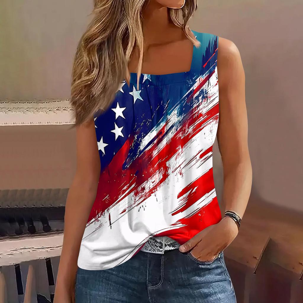 Square Collar Tank Top Women Print Tank Tee Casual Loose Fit Sleeveless Shirt