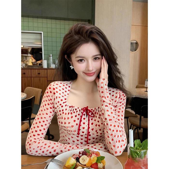 

Korean Style Pink Square Neck Long Sleeve T-shirt for Women - Chic Autumn/Winter Base Layer Top Small