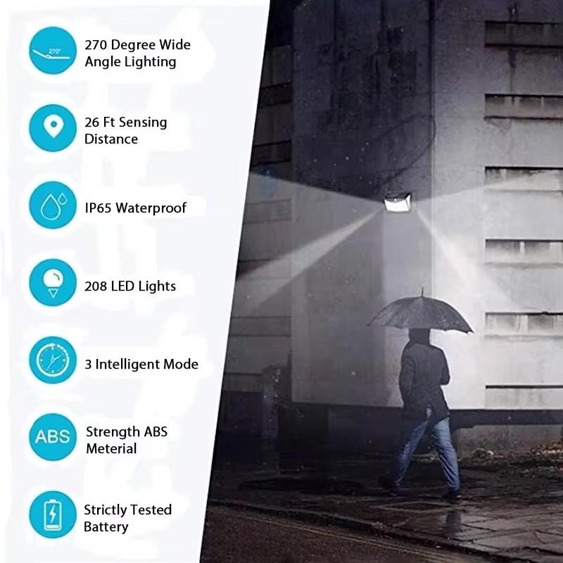 208LED utomhusvägglampa rörelsesensorlampa vattentät trådlös säkerhet solcellsvägglampa 3 lägen trädgårdsgång gångväg