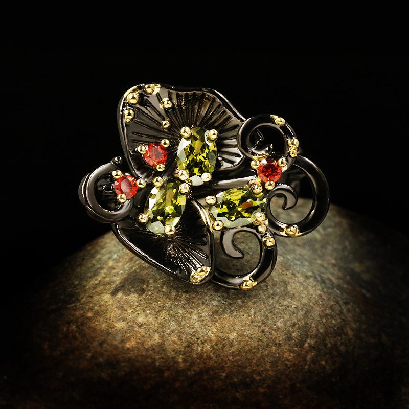Carved Rings Retro Court Relief Orchid Black and Gold Hand Jewelry
