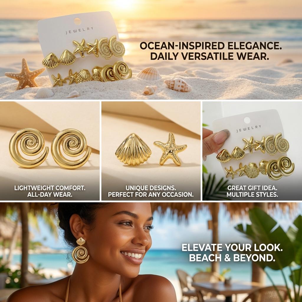3 Pairs/Set Gold Color Shell Starfish Stud Earrings for Women Ocean Series CCB Lightweight Textured Earrings Beach Party Jewelry