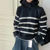 Chic contrasting striped hooded sweater women's autumn, winter, autumn and winter loose lazy wind long-sleeved knitted sweater top