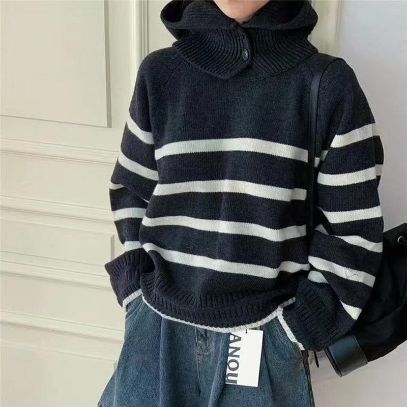 Chic contrasting striped hooded sweater women's autumn, winter, autumn and winter loose lazy wind long-sleeved knitted sweater top