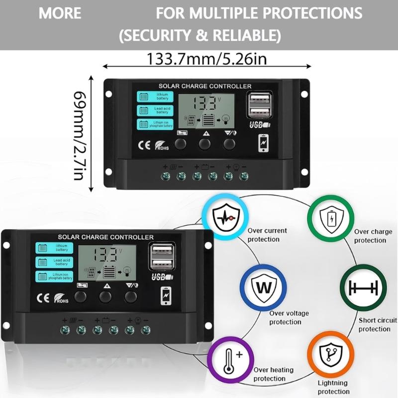 Solar Panel Regulator with LCD Display Double USB Port Solar Charging Controller for 12V 24V Systems Improved Control