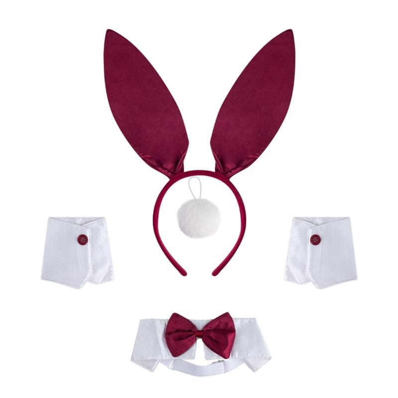 1/4Pcs Women's Bunnies Costume Accessories Set Rabbit Ears Headband Bowtie Collar Cuffs Rabbit Tail for Easter Party