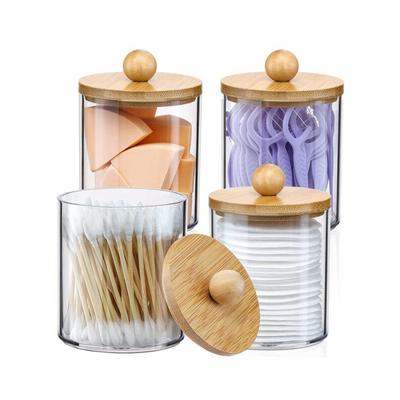 Qtip Holder Dispenser with Bamboo Lid 10 Oz Clear Plastic Apothecary Jar Containers for Vanity Makeup Organizer Storage Bathroom