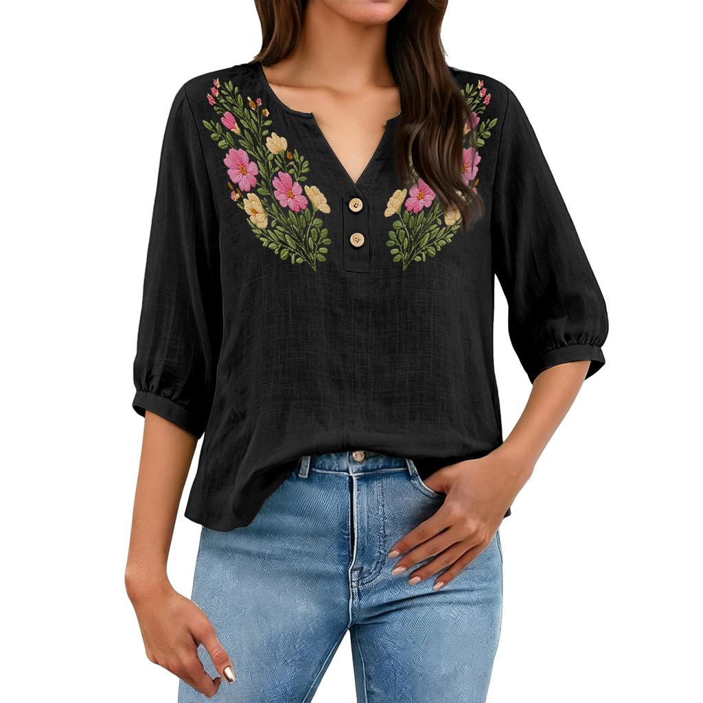 Women Floral Pattern Henley Button Neck Shirt Three Quarter Sleeve Casual Cotton Linen Blouse Lightweight Breathable Top