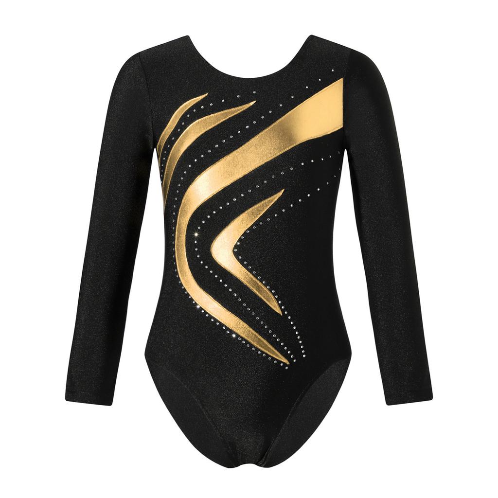 Girls Long Sleeve Round Neckline Shiny Rhinestone Bronzing Cloth Patchwork Slim Fit Dance Leotard
