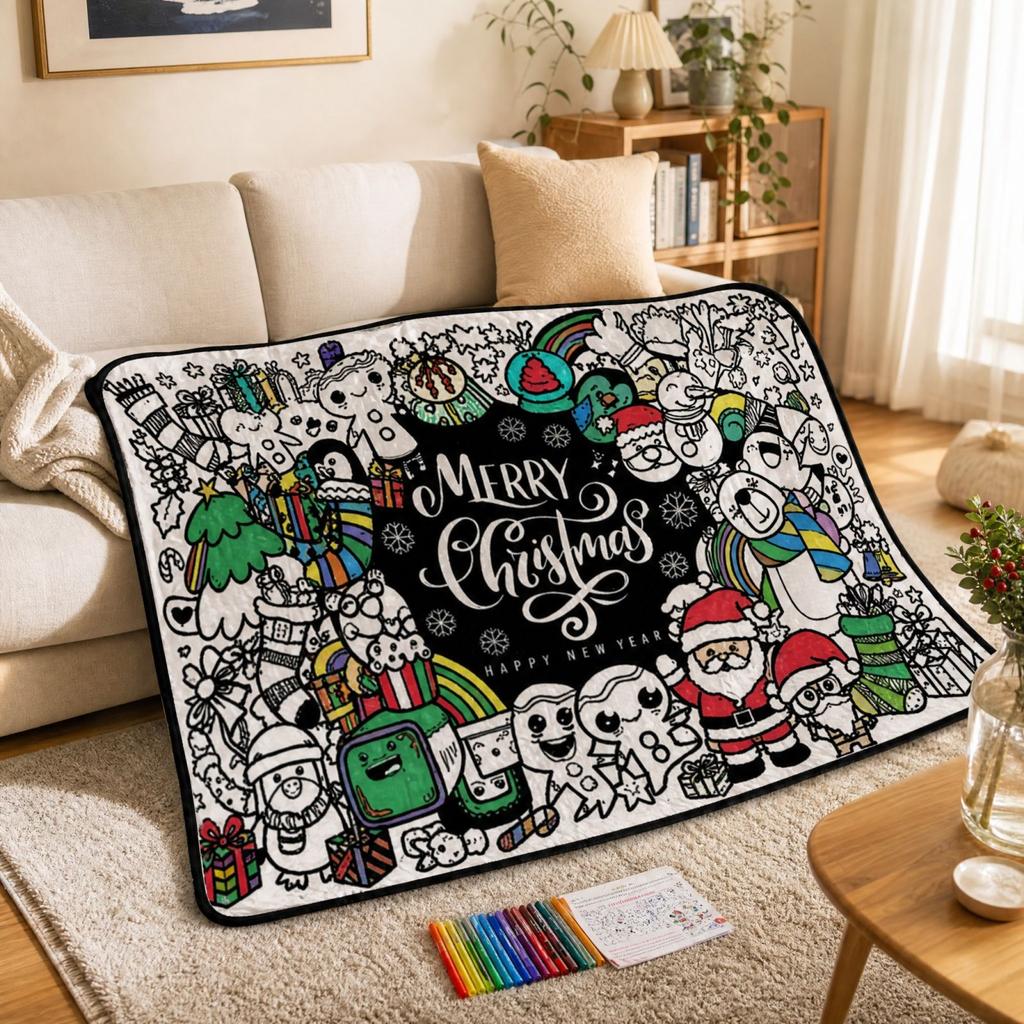 Christmas Kids Coloring Blanket with Watercolor Markers, DIY Painting Activity for Children and Family