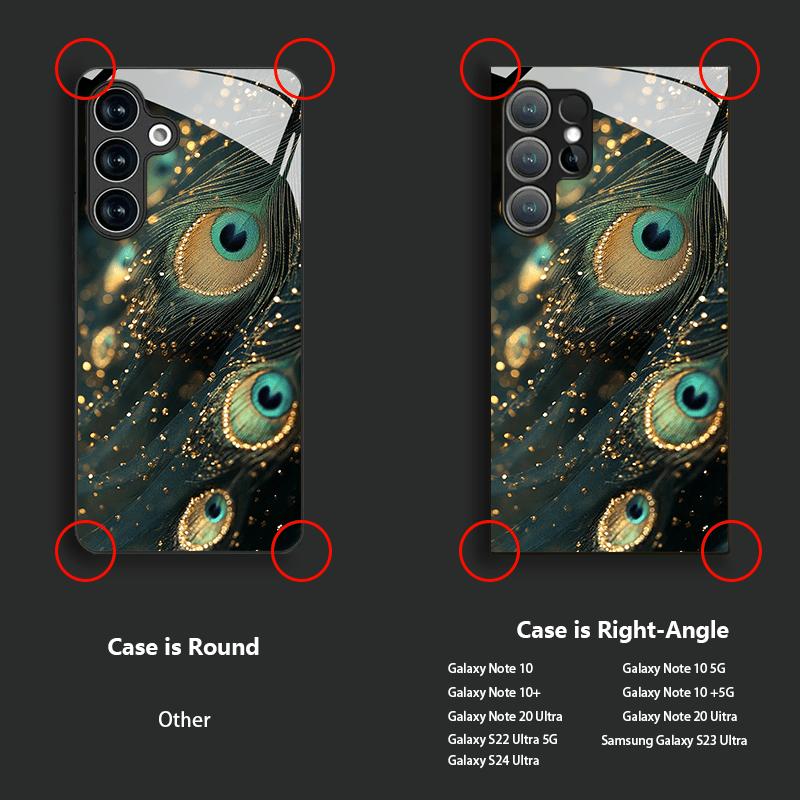 Peacock Feather Pattern Tempered Glass Phone Case Suitable for Samsung Galaxy S26 S25 S24 S22 S21 S20 FE/Ultra/Plus Dustproof